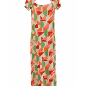 Vestido geométrico bege/off white claro em terra cota,coral  e verde sálvia de viscose