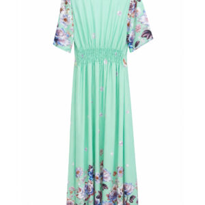 Vestido verde água floral com detalhe de buquê de flores de viscose