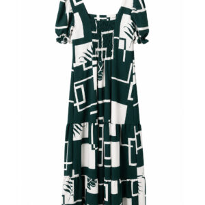 Vestido grafismo verde pinho ( com detalhes folhas estilizadas ) de viscose
