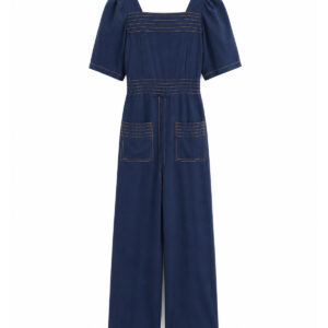 Vestido azul marinho escuro com pespontos em bege de viscose
