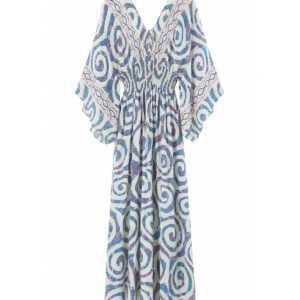 Vestido branco com estampa azul turquesa e rosa   Lakshini