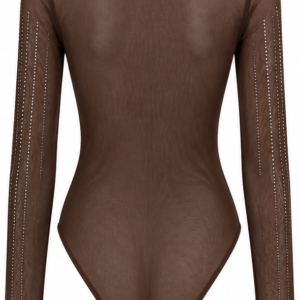 Blusa body marrom de strass prateado em tule com transparência de manga longa  Importada