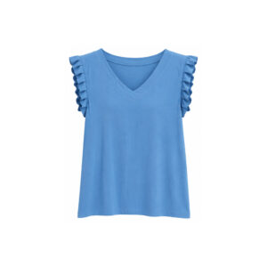 Blusa Plissada com Decote V e Babados nas Cavas
