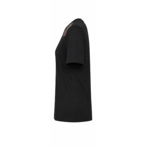 Blusa Bruna de Manga Curta com Detalhes em Corino nos Ombros e Strass