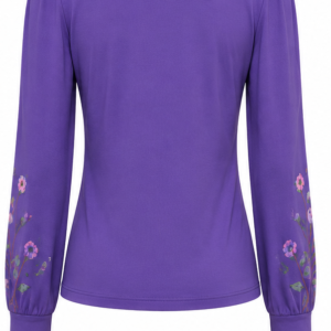 Blusa Cássia de Manga Longa com Decote V, Franzido Frontal e Estampa Floral nos Ombros