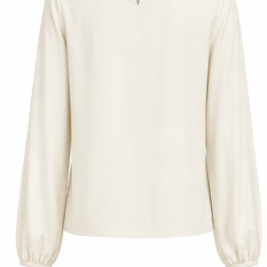 Blusa Carla de Manga Longa com Gola Alta, Franzido e Bordado Frontal