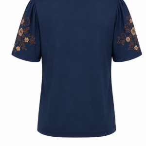 Blusa Quiteria de Manga Curta com Decote V e Bordado Floral nas Mangas