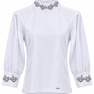Blusa Elida de Manga Longa com Gola Alta e Bordados nos Punhos e Gola