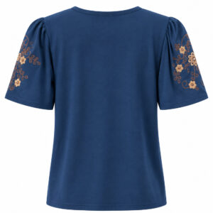 Blusa Quiteria de Manga Curta com Decote V e Bordado Floral nas Mangas