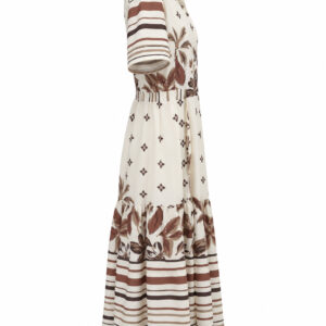 Vestido Midi com Estampa e Listras em Tons Terrosos
