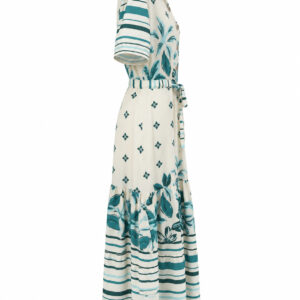 Vestido Midi com Estampa Floral e Listras em Tons Verdes