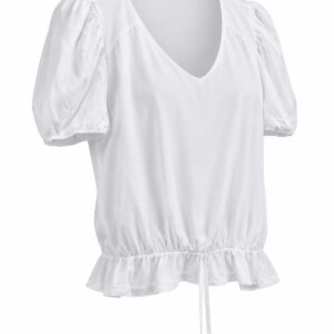 Blusa Bruna de Manga Curta Bufante com Decote V e barra Franzida Ajustável