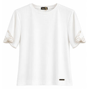 Blusa Mirela Vitória de Manga Curta com Bordado Floral nas Barras das Mangas
