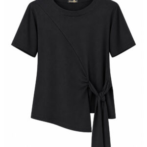 Blusa Sidneya de Manga Curta com Recorte Diagonal e Laço Lateral